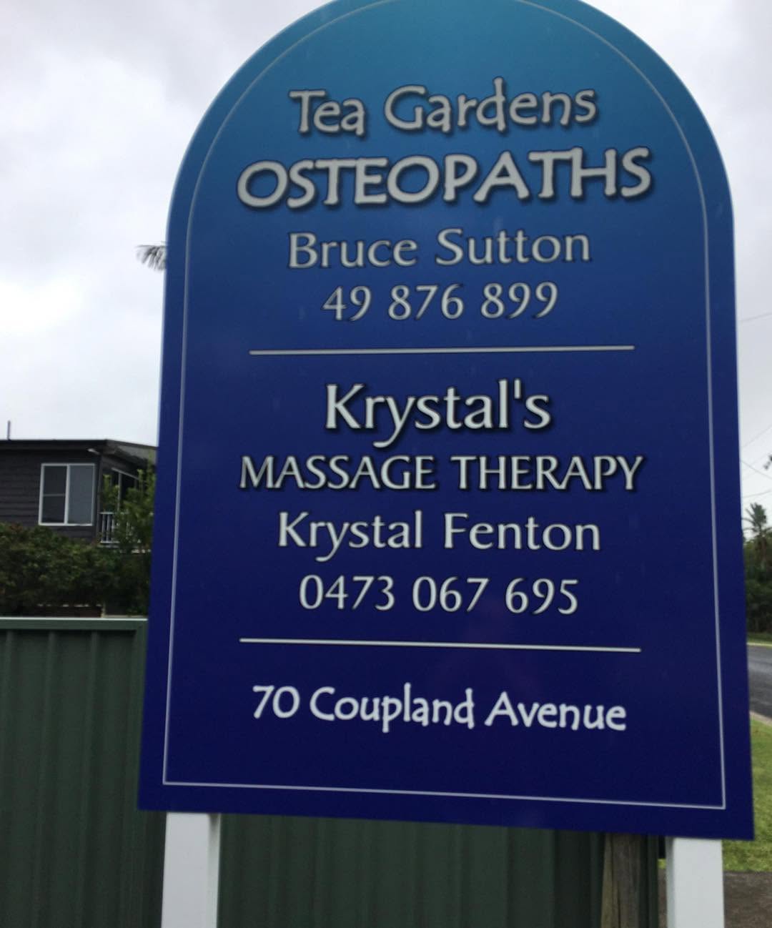 Tea Gardens Osteopaths clinic sign showing Bruce Sutton and Krystal Fenton details at 70 Coupland Avenue